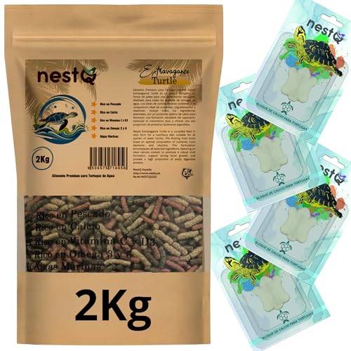 Nährfutter für Wasserschildkröten, 2 kg + 4 Stück Calcium für Schildkröten, Fischgeschmack, ideal für Wasserschildkröten in Florida, Sticks für Reptilien, nährendes Futter von nestQ