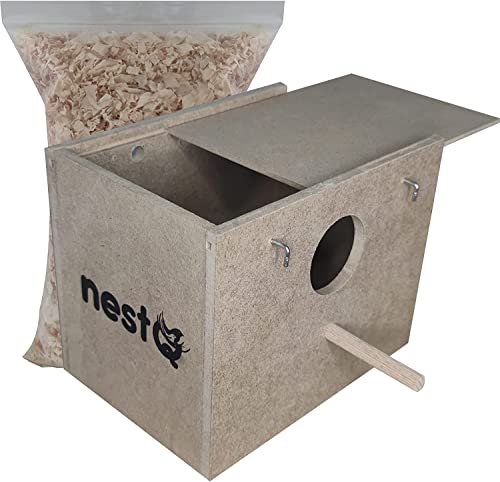 Nest für Wellensittiche mit Spänen für das Bett, Zuchthaus aus Holz für Vögel, mit Haken für Vogelkäfige, 19 cm x 15 cm x 13,5 cm von nestQ