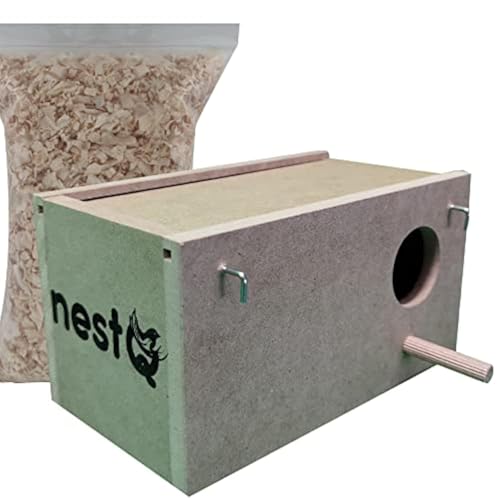 nestQ Nistkasten für Wellensittiche: Holznistkasten mit Spänen als Nestfüllung, Brutkasten für Vögel für den Käfig - Ideal zur Zucht Ihrer Vögel - Abmessungen 20,5 cm x 11,5 cm x 11 cm von nestQ