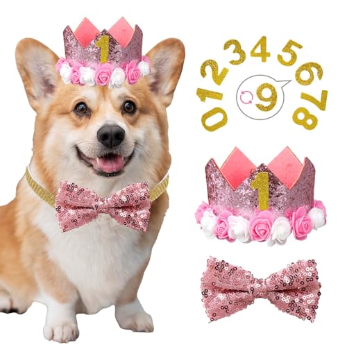 Hunde-Geburtstags-Outfit, Hut für Jungen und Mädchen, Partyzubehör, Hundegeburtstagshut, Krone, Fliege mit 0–9 Zahlen für kleine, mittelgroße und große Hunde, Haustier, Welpen, Katzen, Happy von nezababy