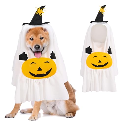 Halloween Hund Geist Kostüm Weißes Blatt Kürbis Haustier Kleidung Lustige Geist Cosplay Outfits Hexenhut für kleine mittelgroße Hunde Katzen Chihuahua Yorkie Party (Größe M) von nezababycos