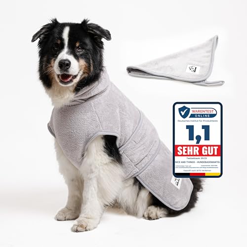 Nice and things® Luxuriöser Hundebademantel XL - TESTSIEGER extra saugfähig - Ultraweicher Hundehandtuch, superweich mit Klettverschluß für mittelgroße und Große Hunde von nice and things