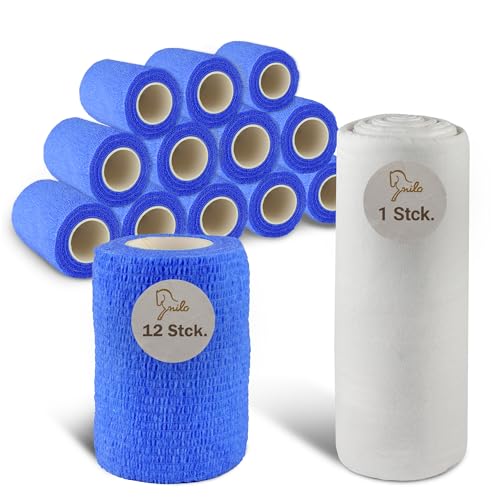 nilo Set Selbstklebender Verband - 12 Rollen 10cm x 4,5m & Mullwatte 40 cm x 5 m/Selbsthaftende Bandage & Polsterwatte Verband 1000g / atmungsaktive & elastische Binde blau, Mullwatterolle Pferd von nilo