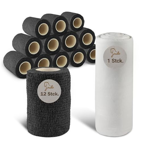 nilo Set Selbstklebender Verband - 12 Rollen 10cm x 4,5m & Mullwatte 40 cm x 5 m/Selbsthaftende Bandage & Polsterwatte Verband 1000g / atmungsaktive & elastische Binde schwarz, Mullwatterolle Pferd von nilo