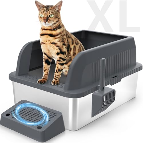 Stainless Steel Cat Litter Box, XL Extra Large Enclosure Litter Box with Lid for Small Big Cats, Double Pedal Filter Metal High Sided Litter Box with Scoop Mats, Non-Sticky Anti-Leakage Easy Cleaning von nolonly