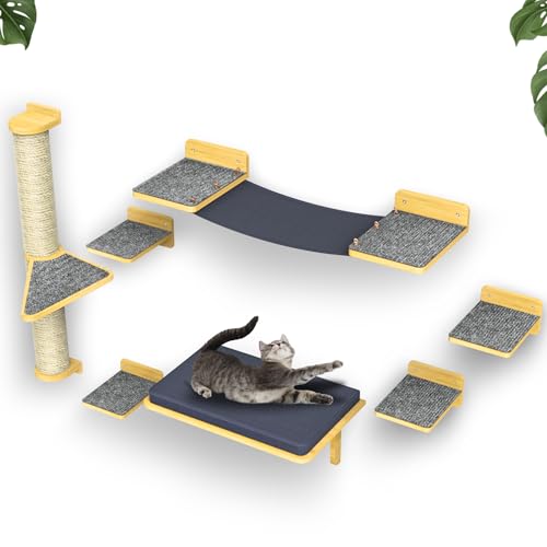 noviclass® Kletterwand Mogli Katzen XXL Set | 8-teiliges Kletterset aus Massivholz | 5X Katzentreppen, 1x Katzenbett, 1x Hängematte, 1x Kratzbaum | Robust und Langlebig | Deutscher Kundenservice von noviclass