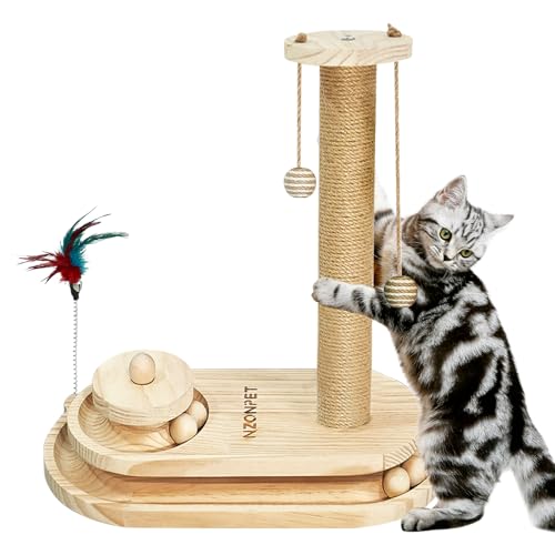 NZONPET Katzenkratzbaum, 42 cm hoch, Kratzbaum, Premium-Sisal-Seil-Kratzbäume für Kätzchen und erwachsene Katzen, komplett natürliches Seil, Holzkugelbahn, interaktives Spielzeug mit baumelndem Ball von nzonpet