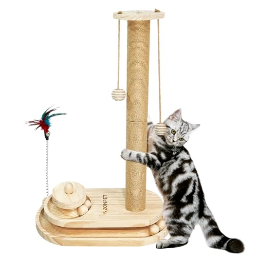 NZONPET Kratzbaum für Katzen, 87,1 cm hoch, Premium-Sisal-Seil-Kratzbäume für Kätzchen und erwachsene Katzen, natürliches Seil, Holzkugelbahn, interaktives Spielzeug mit baumelndem Ball von nzonpet