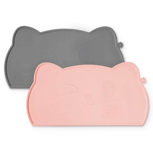 Ohgo Silikon-Haustier-Futtermatte für Futter- und Wassernäpfe, rutschfest, wasserdicht, für Katzen (48,3 x 25,4 cm, Grau/Rosa), 2 Stück von ohgo