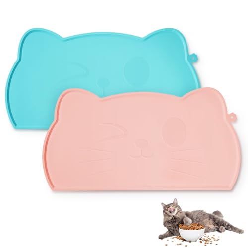 Ohgo Silikon-Haustier-Futtermatte für Futter- und Wassernäpfe, wasserdichte Haustierfuttermatte für Katzen (48,3 x 24,9 cm – Blau-Rosa) von ohgo