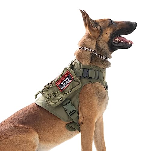 Ohmopie Taktisches Hundegeschirr für große Hunde, kein Ziehen, verstellbar, strapazierfähig, 2xMetallschnalle, Service-Hundeweste für Training, Jagd, Spazierengehen (Armeegrün mit Rucksack, Größe XL) von ohmopie