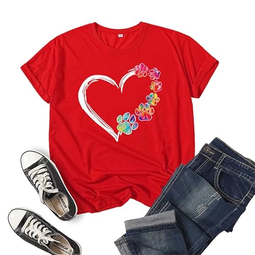 Bunte Hundefüße mit Herz bedrucktes T-Shirt Damen Sommer Rundhalsausschnitt Kurzarm Casual T-Shirts von oneforus