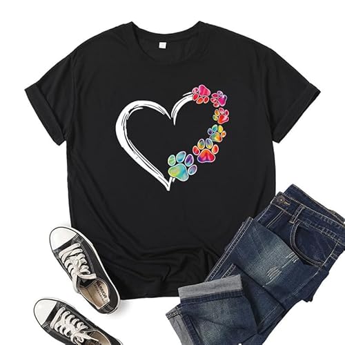 Bunte Hundefüße mit Herz bedrucktes T-Shirt Damen Sommer Rundhalsausschnitt Kurzarm Casual T-Shirts von oneforus