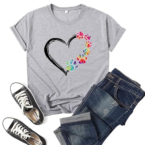 Bunte Hundefüße mit Herz bedrucktes T-Shirt Damen Sommer Rundhalsausschnitt Kurzarm Casual T-Shirts von oneforus