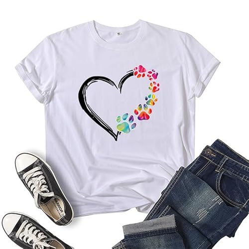 Bunte Hundefüße mit Herz bedrucktes T-Shirt Damen Sommer Rundhalsausschnitt Kurzarm Casual T-Shirts von oneforus