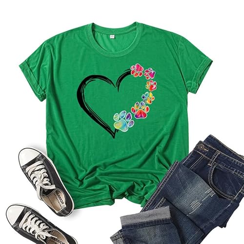 Bunte Hundefüße mit Herz bedrucktes T-Shirt Damen Sommer Rundhalsausschnitt Kurzarm Casual T-Shirts von oneforus