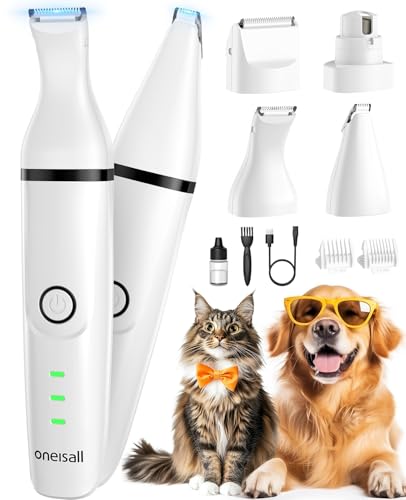 oneisall 4in1 Leise Schermaschine Hund Katze, Wiederaufladbar Hundeschermaschine&Pfotentrimmer&Krallenschleifer mit 4 Multifunktions-Schneidköpfen für Körper, Pfoten, Augen, Ohren, Gesicht (Weiß) von oneisall