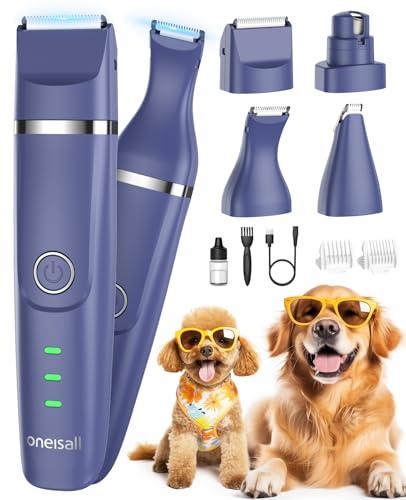 oneisall 4in1 Leise Schermaschine Hund Katze, Wiederaufladbar Hundeschermaschine&Pfotentrimmer&Krallenschleifer mit 4 Multifunktions-Schneidköpfen für Körper, Pfoten, Augen, Ohren, Gesicht (Lila) von oneisall