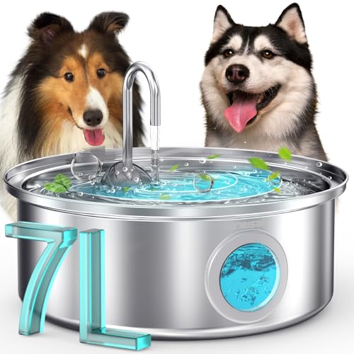 oneisall 7L Trinkbrunnen für Hunde, Katzenbrunnen für Katzen, Edelstahl Hundebrunnen mit LED-Licht, Ultraleiser Pumpe mit Überlastschutz, 5-Schicht Filtration von oneisall