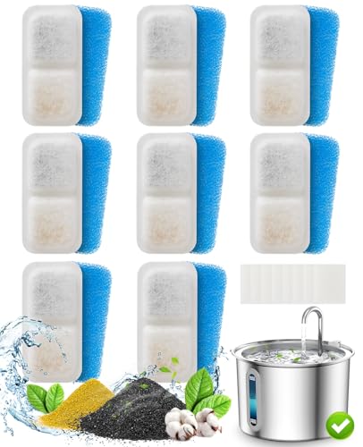 oneisall 8 Packung Ersatzfilter für PWF-001 2L Katzenbrunnen Trinkbrunnen Edelstahl, Wasserbrunnen für Katz, 3 Filtersystem von oneisall