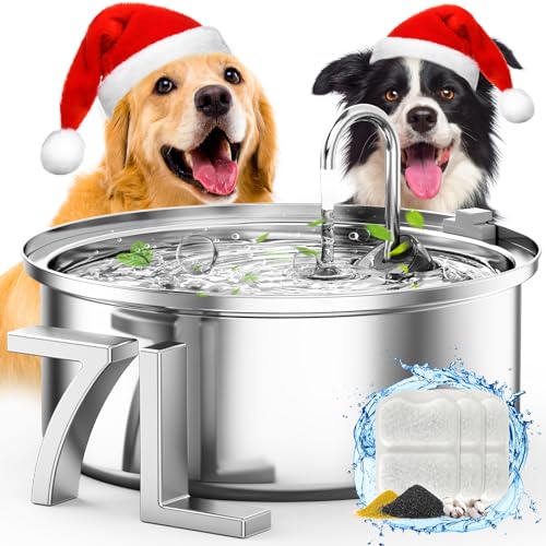 oneisall 7L Hund Wasserbrunnen, Edelstahl Katze Wasserbrunnen zum Trinken, Hundebrunnen mit LED-Licht, Ultra Leise Pumpe mit Überlastschutz, 5-lagige Filtration für Große Hunde/Katzen/Mehrere von oneisall