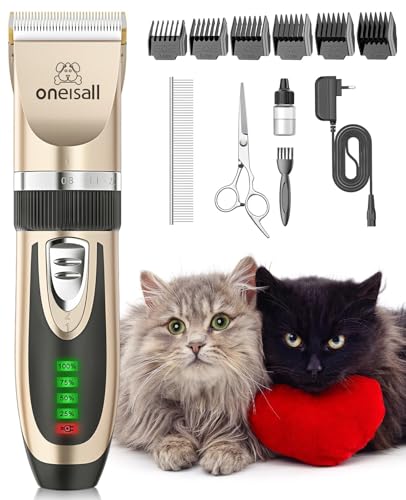 oneisall Leise Schermaschine Katze Hunde, Profi Haarschneidemaschine für langhaarkatzen mit dichtem Fell, Hundeschermaschine katzenrasierer mit leistungstarken Motor(Gold) von oneisall