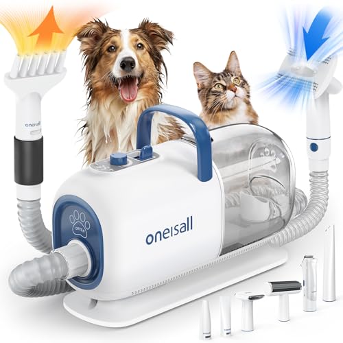 oneisall Hundeschermaschine mit Staubsauger Trockner, 2.5L Staubbehälter, 7 Stufen der Blastemperatur, Leise Schermaschine Hund Katze, Saugkraft 15000Pa, Profi Haustierpflegeset mit 8 Pflegewerkzeugen von oneisall