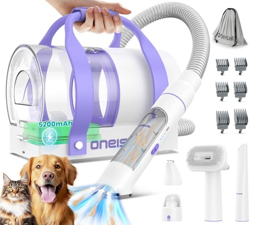 oneisall akku Staubsauger Kabellos Tierhaare, 5200mAh Hundehaarstaubsauger mit Schermaschine, Nagelschleifer, Pfotentrimmer, Hundebürste für Haustiere, Leise Geeignet für innen und außen (Violett) von oneisall