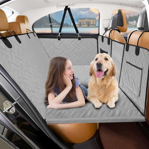 Ormmor Rücksitzverlängerung für Hunde, harte Unterseite, Hunde-Autositzbezug mit Netzfenster, wasserdicht, kratzfeste Hundehängematte für Auto, LKW, SUV, Reisen, Camping, Hundeautositzbezüge (grau) von ormmro