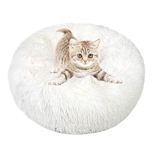 otoez Katzenbett für Kätzchen, Größe XS, rund, Anti-Angst, Plüsch, beruhigendes Donut-Bett mit rutschfester, wasserdichter Unterseite, waschbar (40 cm, Weiß) von otoez