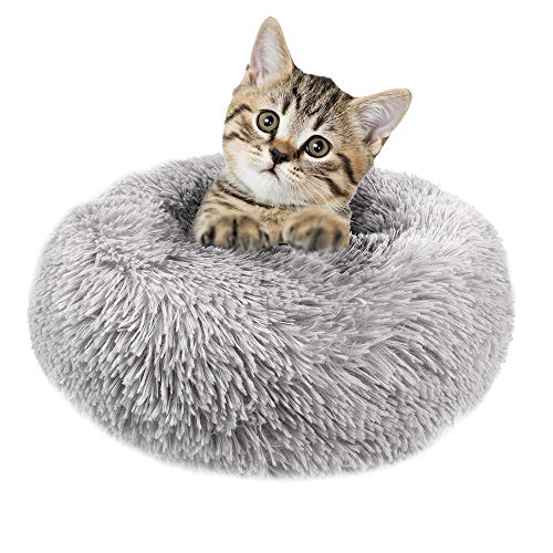 otoez Rundes Plüsch-Donut-Haustierbett, für Hunde und Katzen, mit Fell-Donut-Design, warm, weich, beruhigendes Bett, wasserdichte Unterseite, 59,9 cm, Hellgrau von otoez