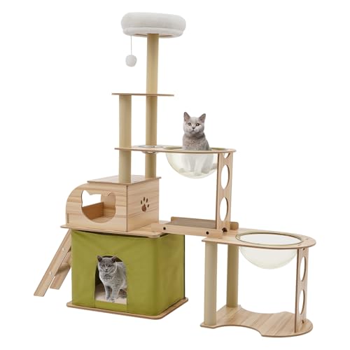 Katzenkratzbaum Katzenbaum Cat Tree Kratzbaum Kratzbäume für Katzen mit 5 Ebenen und Acrylkapseln Kratzbaum für Katzen Möbel Katzen-Spielzeug Freistehend Holzfarbe Grün von panfudongk