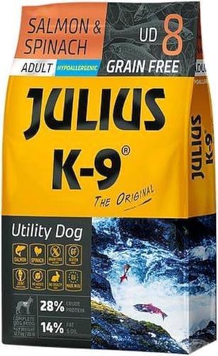 Julius K9 - Getreidefreies und hypoallergenes Hundefutter auf Lachs & Kartoffelbasis - Für erwachsene Hunde kleiner Rassen (3kg) von panzi pet Fit Active Burstin' out