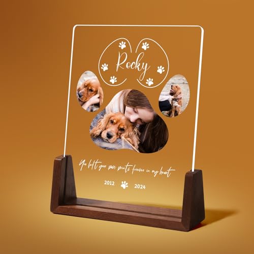 papasgix Personalisiert Gedenkstein Hund Katze LED Acrylglas Gedenktafel für Grab mit Foto Gedenkstätten & Bestattungen für Hunde Erinnerung Gedenkgeschenke für Haustiere Tiere (5x7in Weiß Paw) von papasgix