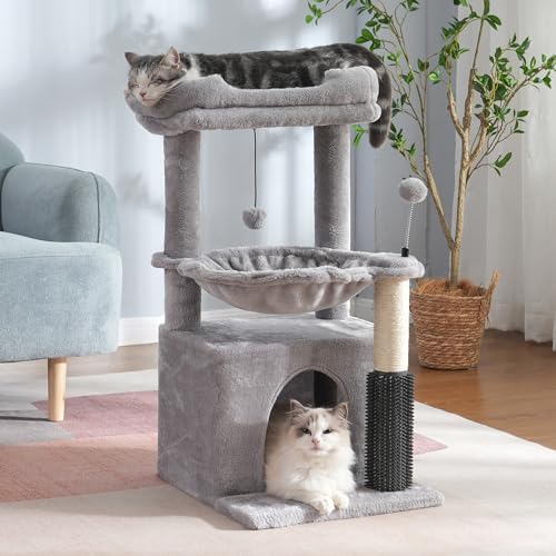 Pawfessor 5-in-1-Katzenbaum, 81,3 cm, Katzenturm mit Selbstpflege, 40,5 cm große Hängematte, vollständiger Kratzbaum, abnehmbare Sitzstange und breite Höhle für Hauskatzen, Grau von pawfessor