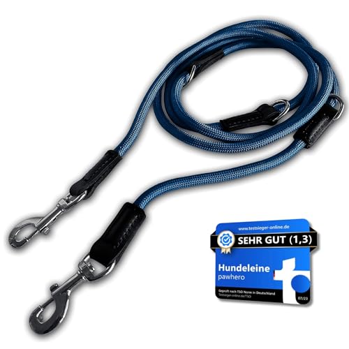 pawhero® Hundeleine verstellbar für große & mittelgroße Hunde | 2,5 Meter | 5-Fach Längenverstellbar | Nylon Führleine & Umhängeleine | Runde Doppelleine mit 2 Karabiner | Blau von pawhero