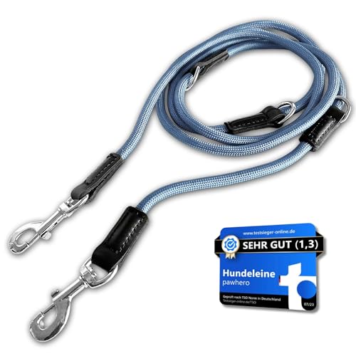 pawhero® Hundeleine verstellbar für große & mittelgroße Hunde | 2,5 Meter | 5-Fach Längenverstellbar | Nylon Führleine & Umhängeleine | Runde Doppelleine mit 2 Karabiner | Eisblau von pawhero