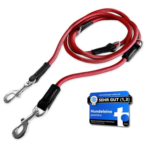 pawhero® Hundeleine verstellbar für große & mittelgroße Hunde | 2,5 Meter | 5-Fach Längenverstellbar | Nylon Führleine & Umhängeleine | Runde Doppelleine mit 2 Karabiner | Rot von pawhero