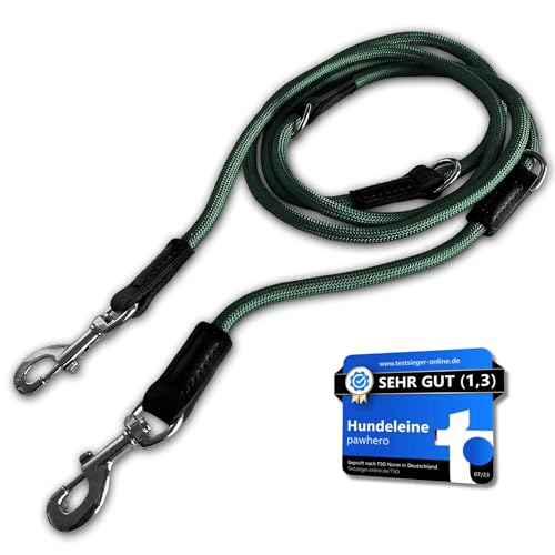 pawhero® Hundeleine verstellbar für große & mittelgroße Hunde | 2,5 Meter | 5-Fach Längenverstellbar | Nylon Führleine & Umhängeleine | Runde Doppelleine mit 2 Karabiner | Waldgrün von pawhero