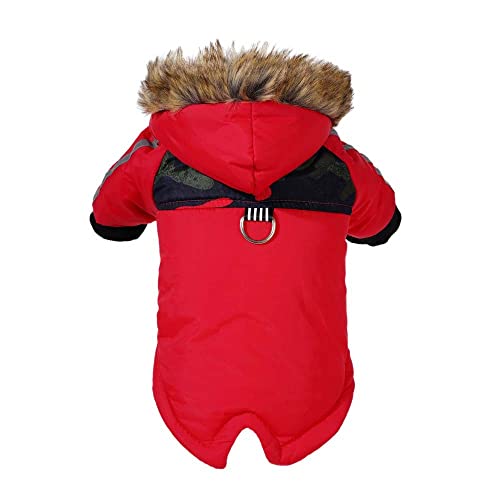 pawstrip Wasserdichter Hundemantel für den Winter, Fleece, für Welpen, Kätzchen, winddicht, mit Bein, für kleine, mittelgroße und große Hunde, mit Kapuze, warme Katzenoutfits (rot) von pawstrip