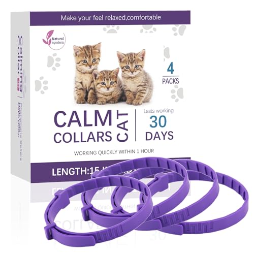 4 Stück Katzen-Anti-Stress-Halsband, lila Anti-Angst-Halsband mit natürlichen Pheromonen mit einstellbarer Größe, Halsbänder zur Linderung von Angstzuständen, hält 30 Tage, für kleine und große Katzen von peaceking