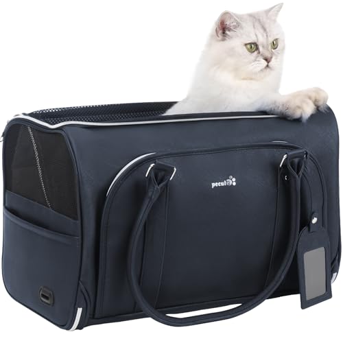 pecute Katzentasche Transporttasche Katze, PU Haustier Tragetasche Hund, Atmungsaktive Faltbar Katzen Tasche, Großräumig Katzentransportbox für Reisen, Hundetragetasche bis 6 kg, Dunkelblau von pecute