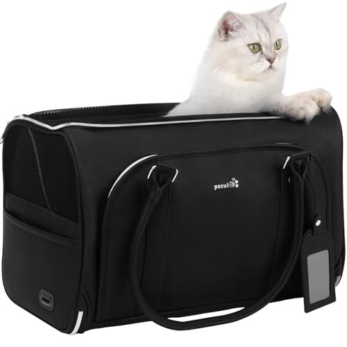 pecute Katzentasche Transporttasche, PU Haustier Tragetasche, Atmungsaktive Faltbar Katzen Tasche, Großräumig Katzentransportbox für Reisen, Arztbesuche, Hundetragetasche bis 6 kg, Schwarz von pecute