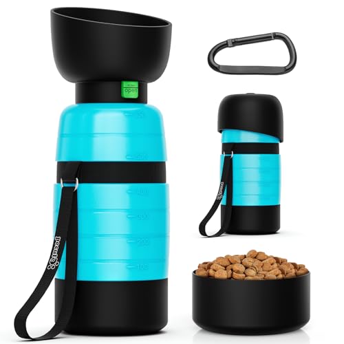 Pecute Hunde Wasserflasche 650ml mit Lebensmittelbehälter 3-in-1, Tragbare Welpen Trinkflaschen Auslaufsichere, leichte Wasserspender für Spaziergänge im Freien Ausflüge Wanderungen Reisen (Blau) von pecute