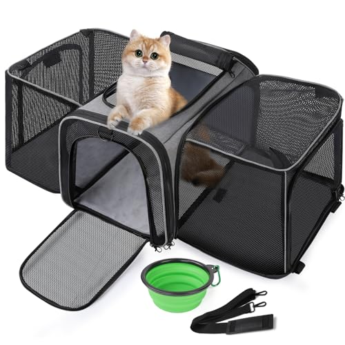 pecute Katzentransportbox Transportbox Katze Groß, 48x33x34cm Erweiterbar Katzenbox für 2 Katzen Hund Welpen, Flugzeug Faltbar Hundetransportbox Zusammenklappbare Transporttasche Katze Transport von pecute