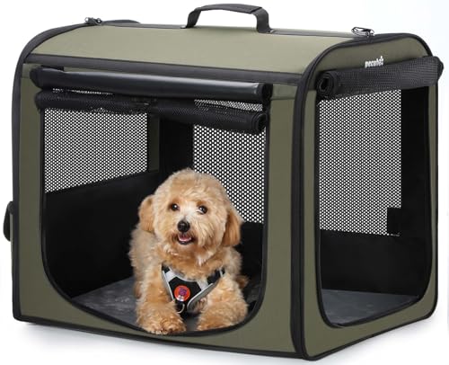 pecute Hundebox Faltbar Hundetransportbox Stabil Auto Transportbox Hund 61 x 52 x 45 cm, Leicht Katzen Transportboxen Atmungsaktiv Hundebox mit Rolltor, Transportbox Zum Autofahren Reisen, Dunkelgrün von pecute