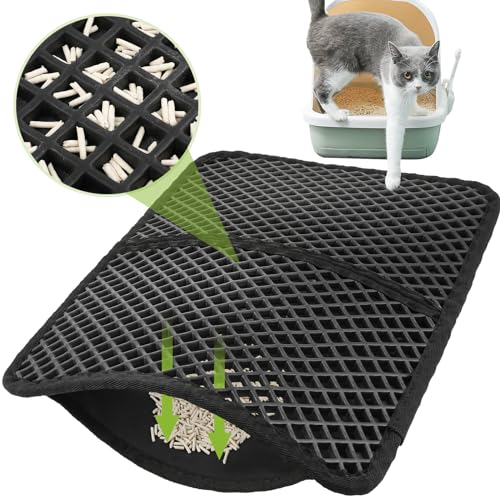 Pecute Katzenklo Matte Katzenstreu Matte, Doppelschichte Katzenmatte Katzenklo, Wasserdichte Urinbeständige Matte Katzentoilette, Faltbarer Katzenklo Vorleger mit Großs Bienenwabeloch 33*46cm Schwarz von pecute