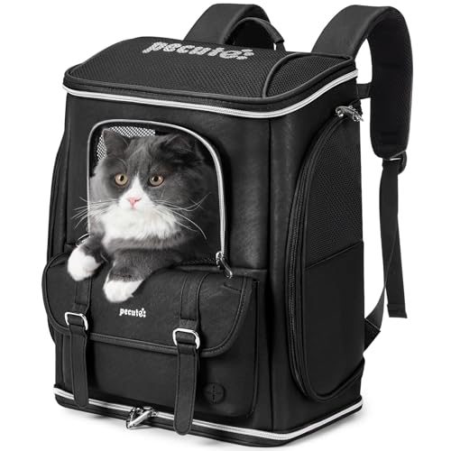 pecute Katzenrucksack mit Anti-Schwerkraft-Belastungsreduzierung um 30%, Hunderucksack mit Mesh-Fenstertaschen zum Öffnen an der Vorderseite, ideal für Reisen, Wandern, Arztbesuche, Schwarz von pecute