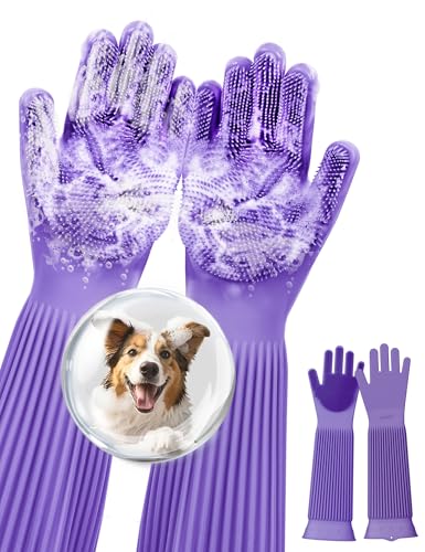 pecute Haustier Grooming Handschuhe, Handschuh Bürste Katze Wiederverwendbare, Pflegehandschuhe Baden und Massieren für Hunde Katzen, Pflegehandschuhe Aufhängbares für Haustiere Waschen(Lila) von pecute