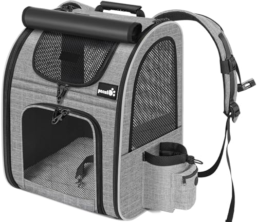 pecute Haustier Rucksack mit Netzfenster, Tragbare & Faltbare Katzentasche mit Vorhang Oben, Atmungsaktive Hundetasche, Wasserdichtes Oxford-Tuch, Ideal für Reisen, Grau L von pecute